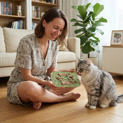 tapis de lechage souple vert maitresse chat assis