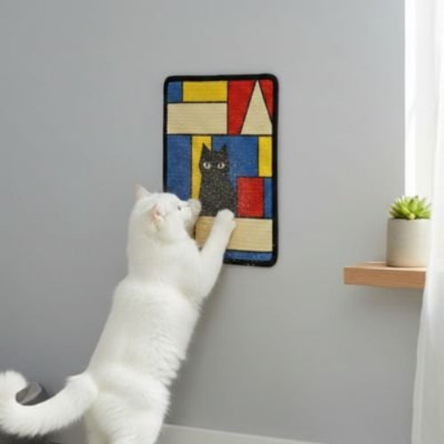tapis griffoir chat motif geometrique chat blanc griffant