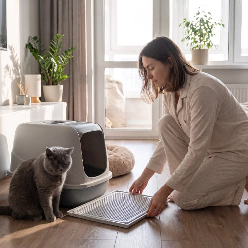 tapis litière chat gris clair maitresse chat assis salon