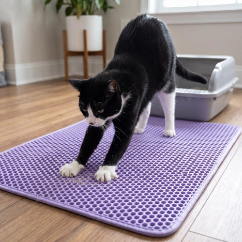 tapis litière chat violet chat debout salon