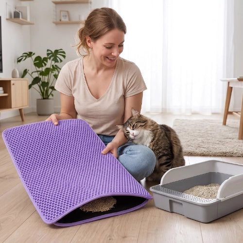 tapis litière chat violet maitresse chat apaise salon