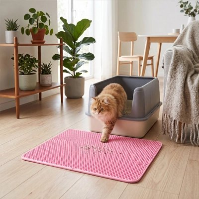 tapis litière pour chat rose moderne chat sortant salon