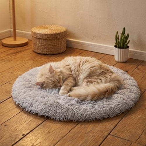 tapis pour chat rond gris chat dormant
