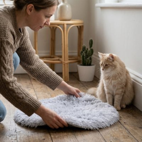 tapis pour chat rond gris maitresse chat assis