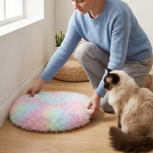 tapis pour chat ultra doux multicolore maitresse chat debout