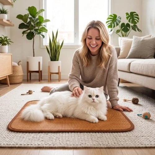 tapis rafraichissant chat bambou maitresse chat allonge salon