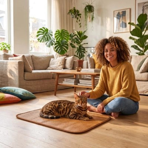 tapis rafraichissant chat bambou maitresse salon chat allonge