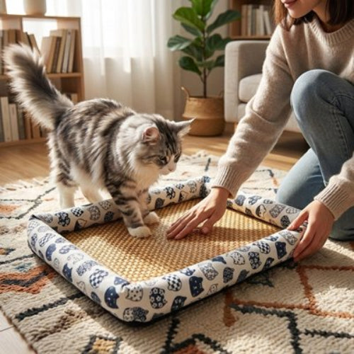 tapis rafraichissant chat blanc motifs felin maitresse chat debout