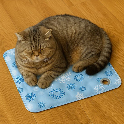 tapis rafraichissant chat bleu ciel flocons neige chat allonge