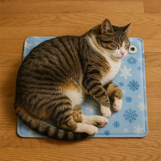 tapis rafraichissant chat bleu ciel flocons neige chat dormant
