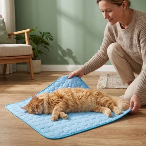 tapis rafraichissant chat bleu matelasse maitresse chat dormant salon