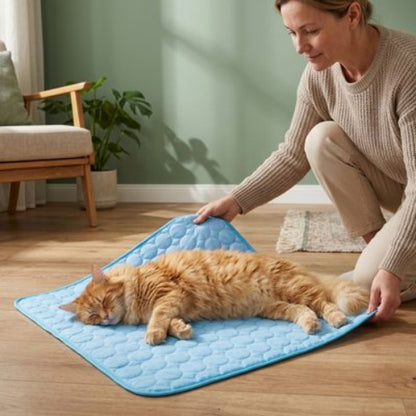 tapis rafraichissant chat bleu matelasse maitresse chat dormant salon