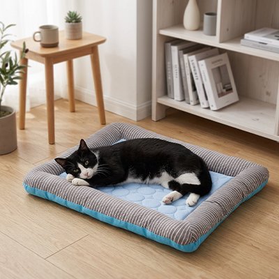 tapis rafraichissant chat bords sureleves bleu chat allonge salon