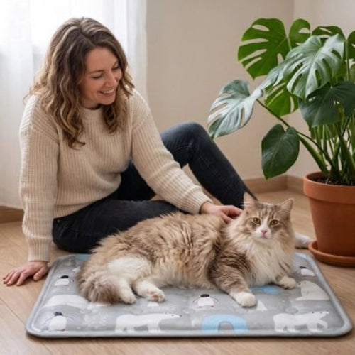 tapis rafraichissant chat gris clair maitresse chat allonge salon