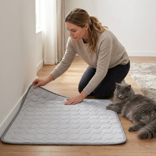 tapis rafraichissant chat gris matelasse maitresse chat allonge