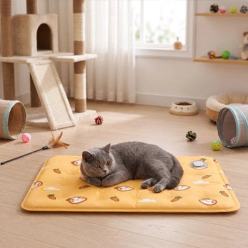 tapis rafraichissant chat jaune vif chat allonge jouets chambre