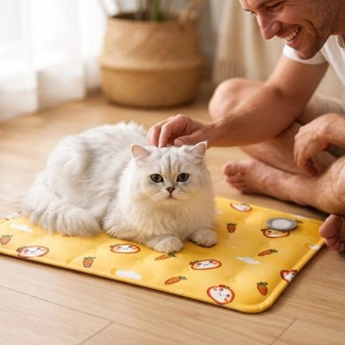 tapis rafraichissant chat jaune vif maitre chat allonge
