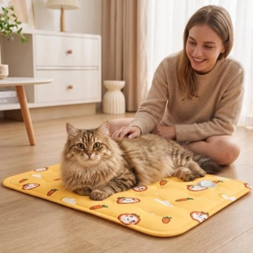 tapis rafraichissant chat jaune vif maitresse chat allonge salon
