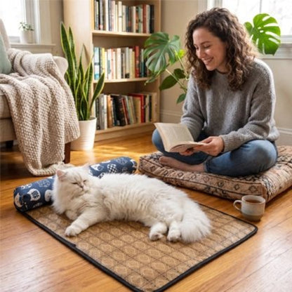tapis rafraichissant chat oreiller blanc maitresse chat allonge salon