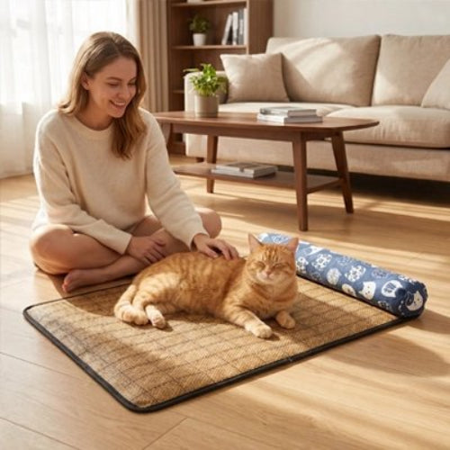 tapis rafraichissant chat oreiller bleu maitresse chat allonge salon