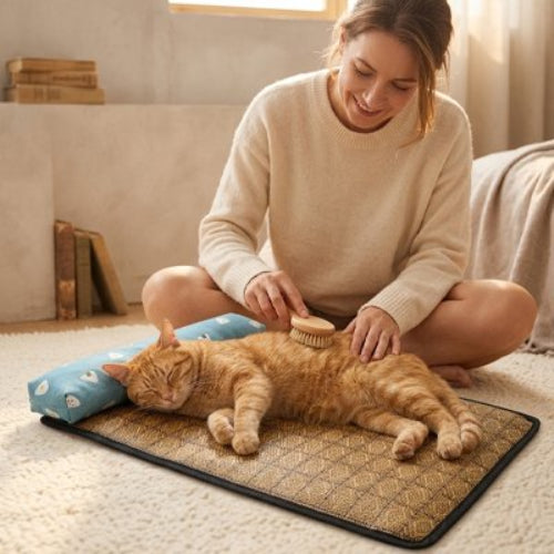 tapis rafraichissant chat oreiller bleu maitresse chat dormant chambre