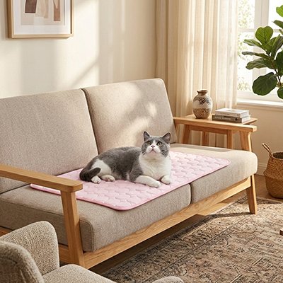 tapis rafraichissant chat rose chat allonge canape salon