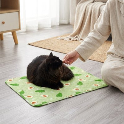 tapis rafraichissant chat vert motifs ludiques maitresse chat allonge