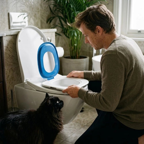 toilette chat ergonomique bleu maitre chat debout