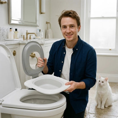 toilette chat ergonomique gris maitre chat assis