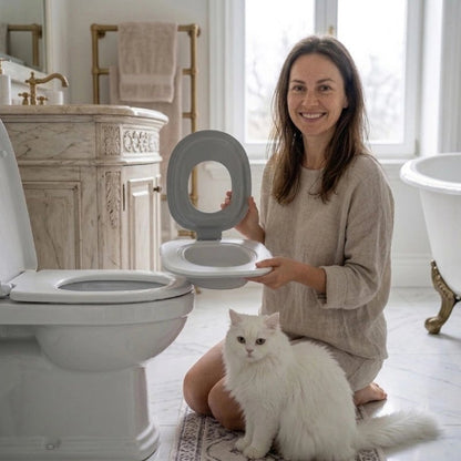 toilette chat ergonomique gris maitresse chat assis