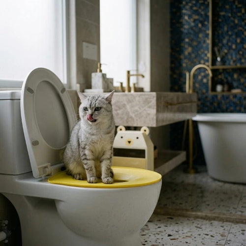 toilette chat pratique jaune chat assis salle de bain