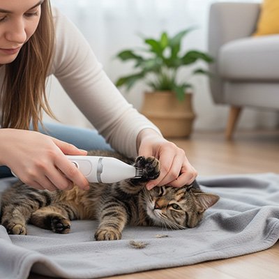 tondeuse chat 4 en 1 maitresse chat allonge salon