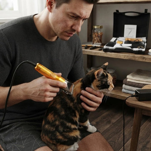 tondeuse chat finition doree maitre chat assis