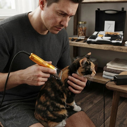 tondeuse chat finition doree maitre chat assis