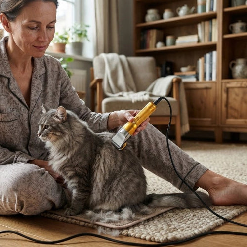 tondeuse chat finition doree maitresse avec chat