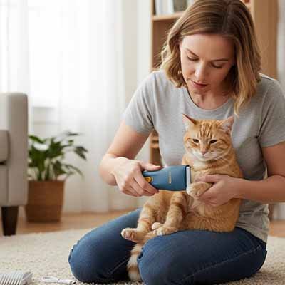 tondeuse chat sans fil bleue maitresse chat salon