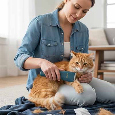tondeuse chat sans fil bleue maitresse salon chat