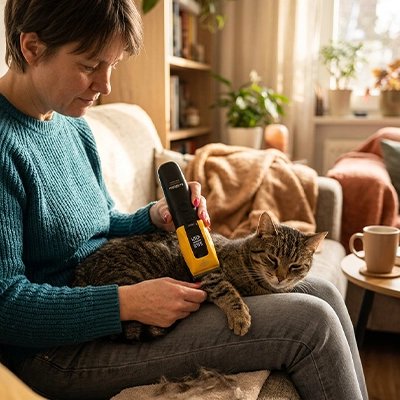 tondeuse pour chat professionnelle maitresse chat allonge canape salon