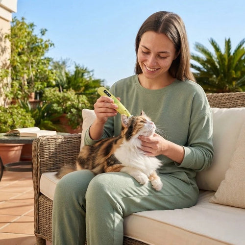 tondeuse pour chat verte maitresse chat allonge