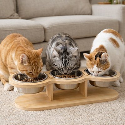trois chats mangeant dans gamelle chat surelevee en bois configuration triple bols inox dans salon