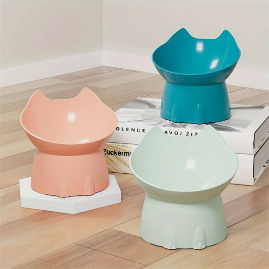 trois gamelle chat surelevee silhouette feline couleur rose menthe turquoise