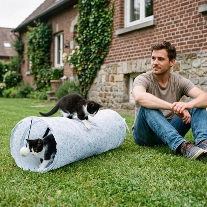 tunnel chat souple maitre avec chats jardin