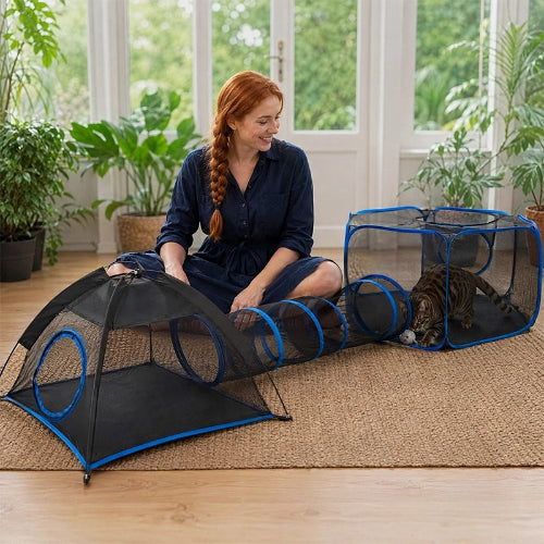tunnel pour chat 3 en 1 maitresse chat jouant