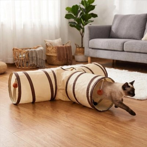 tunnel pour chat beige chat sortant