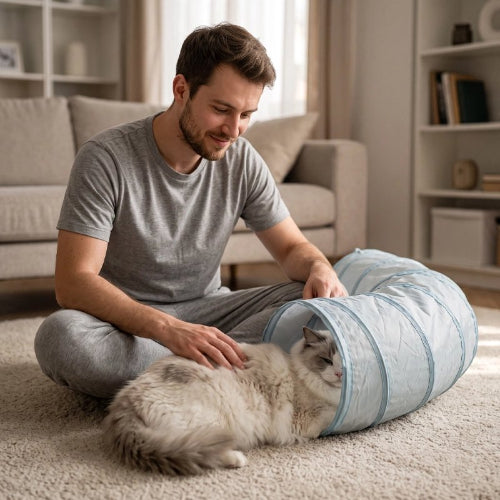 tunnel pour chat bleu maitre chat allonge