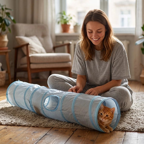 tunnel pour chat bleu maitresse chat allonge