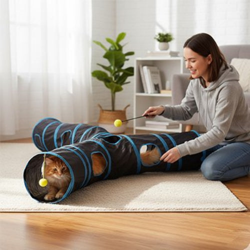 tunnel pour chat multifonction maitresse avec chat