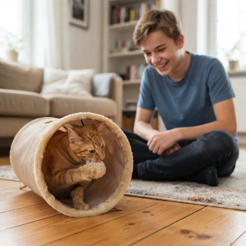 tunnel pour chat peluche beige maitre chat jouant
