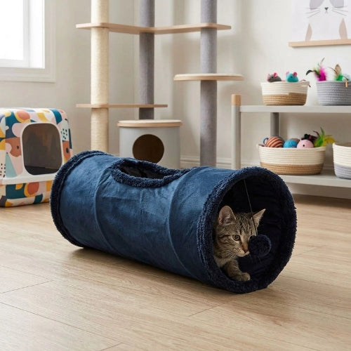 tunnel pour chat peluche bleu avec chat