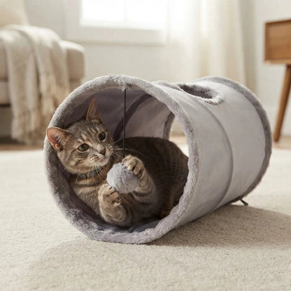 tunnel pour chat peluche gris chat jouant